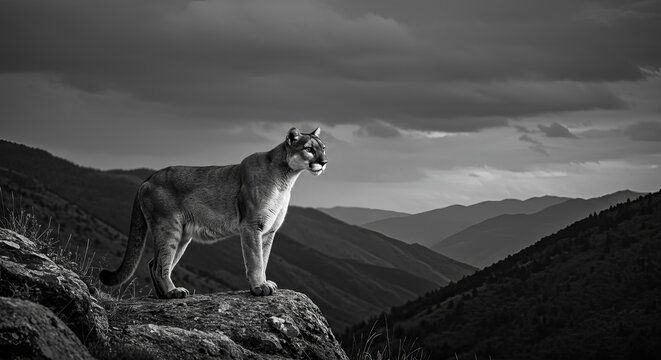 Majestic mountain lion surveys vast wilderness from rocky perch - Powered by Adobe