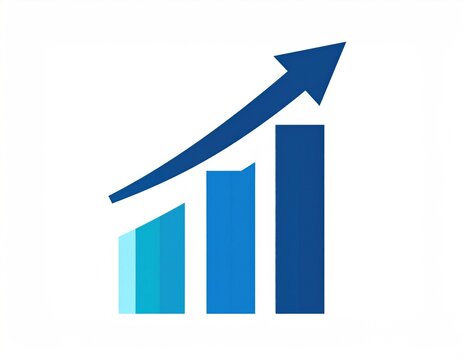 Upward business trend chart. Blue bars ascend with matching arrow pointing diagonally up and right against a white background