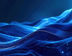 Flowing blue waves with sparkling dots create an abstract, dynamic backdrop against a gradient dark blue background