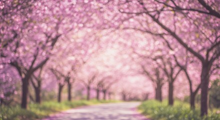 Blurred Dreamy pink cherry blossom tunnel creates magical spring path, evoking serenity