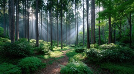 Fototapeta premium Lush Green Forest with Sun Rays Piercing Through Tall Trees Woodland Landscape