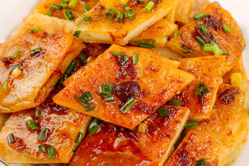Handmade Golden Tofu Blocks with Spicy Sauce and Scallions - Traditional Asian Gourmet Specialties