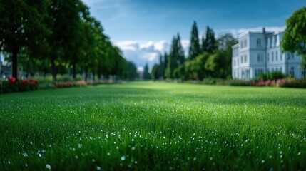 Lush Green Lawn with Distant Building and Trees Under a Blue Sky