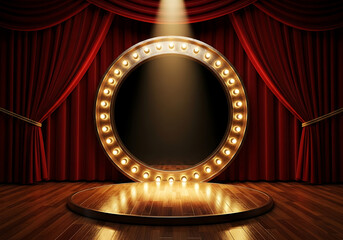 A circular marquee mirror with illuminated bulbs sits on a reflective stage in front of red velvet curtains