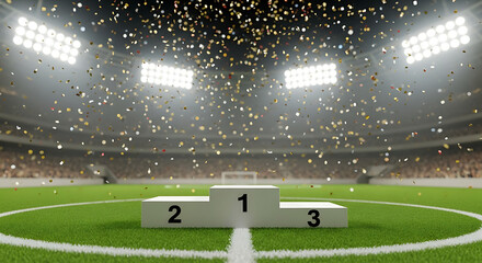 A winners podium on a soccer field under stadium lights with confetti falling, symbolizing victory and celebration in sports