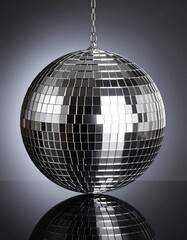 A reflective disco ball hangs suspended against a dark background