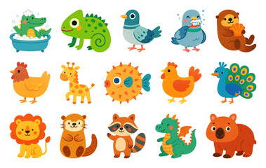 Obraz premium PNG Colorful cartoon animal illustrations, element set on transparent background