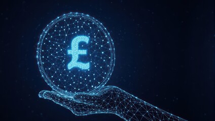 Dynamic glowing digital pound symbol held securely by futuristic abstract hand against dark starry background symbolizing financial growth