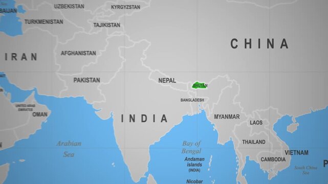 Bhutan Country Highlighted on World Map 2D Animation Himalayas Asia