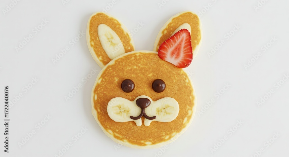 Poster a pancake creation in the shape of a rabbit's head, decorated with fruit slices and chocolate chips.