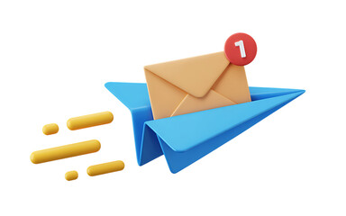 3d envelope flying fast on blue paper airplane with notification badge message delivery isolated on transparent background