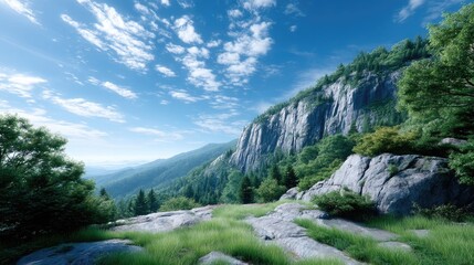 Obraz premium Lush Green Mountain Landscape Under Blue Sky in Daylight, Scenic View of Rock Formation and Green Vegetation, Cinematic Hd Nature Scenery