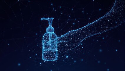 Dynamic glowing hand dispensing sanitizer bottle with futuristic network connections symbolizing global health and hygiene protection