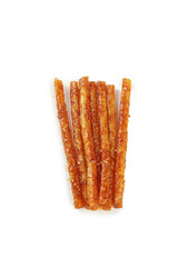 Spicy Chili Stick Snacks - Handmade Dried Asian Specialty Food Sticks on White Background