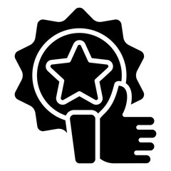 Quality Approval Glyph Black Silhouette Icon Design Vector - Medal with a star and thumbs up, representing quality assurance, trust, and recognition
