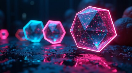 Glowing Geometric Shapes in Neon Pink and Blue on Textured Surface