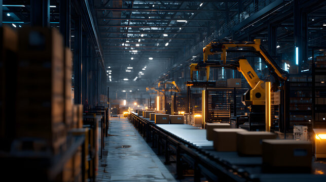 Yellow robotic arm over conveyor belt with boxes in warehouse