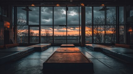 Sunset cityscape through large windows