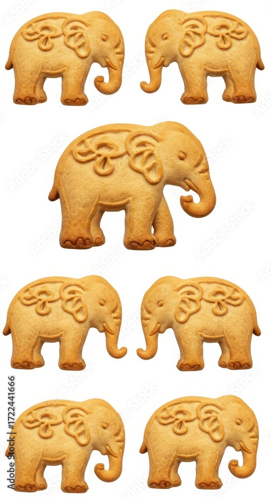 Poster a close-up view of six elephant-shaped cookies arranged in a grid pattern against a plain white back