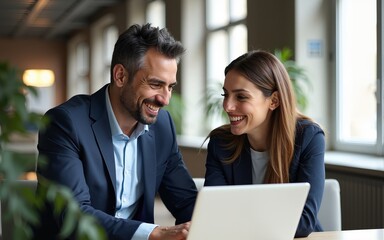 Mature Latin business man and European business woman discussing project on laptop gadget in office. Two diverse partners, colleagues, team of confident professional business people work together.