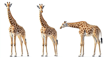 Set of three giraffes seen from front, isolated on white background