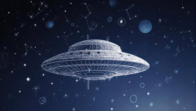 Enigmatic UFO hovers amidst a celestial tapestry of stars and constellations, sparking wonder and exploration of the unknown.
