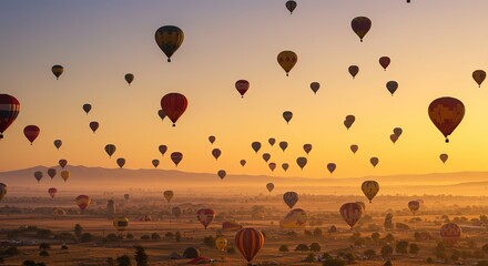 Vibrant hot air balloons ascend at sunrise over scenic valley landscape