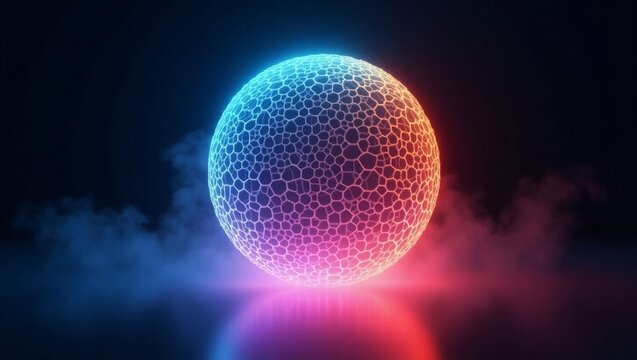 Glowing Sphere with Cellular Pattern in Blue and Orange on Dark Background