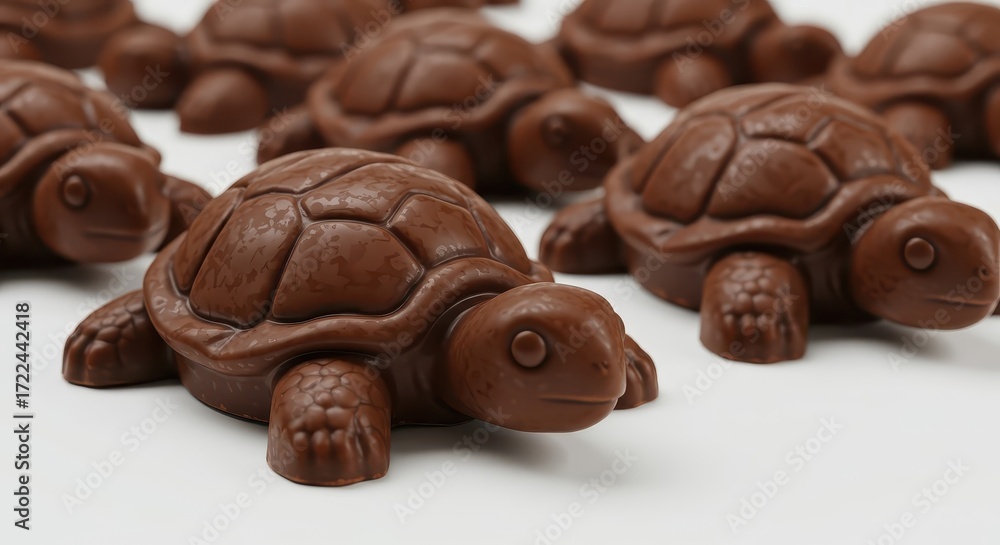 Poster a close-up view of several small, chocolate turtle candies arranged in a row on a white surface.