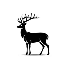 Silhouette of a majestic stag with prominent antlers standing gracefully in a side profile view
