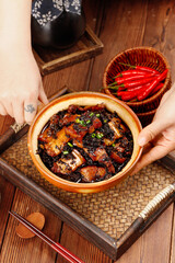 Chinese Braised Pork with Dried Plums Clay Pot Specialty Cuisine Asian Food