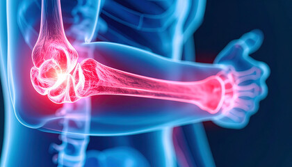 Inflamed elbow joint in a skeletal arm, 3D medical imagery illustration of bone articulation , Human forearm skeletal structure with inflammation