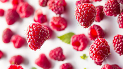Vibrant raspberries floating gracefully against a soft pink background, perfect for culinary and health-related visuals.