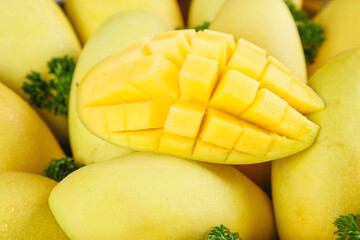 Fresh Ripe Mango Fruit Diced and Cut Showing Golden Yellow Tropical Flesh