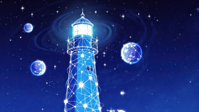 Guiding light shines bright from futuristic lighthouse amidst swirling cosmic nebulae and glowing celestial orbs