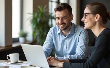 Fototapeta premium Business team of two executives working together using laptop in office. Happy young business woman manager showing project presentation to mature man client, investor or partner at work meeting.