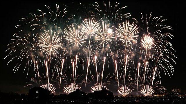 Fireworks exploding over silhouetted structures  crowds against a dark sky