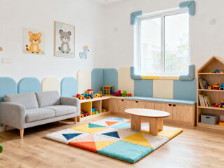 Brightly colored children's playroom with soft seating, toys, and educational decor