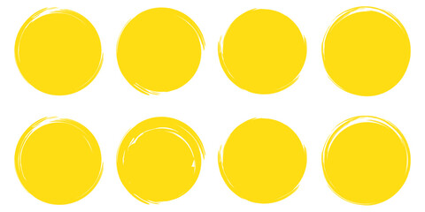 Brush sun rough. Yellow stamp watercolor sun. Rough brush paint. Grunge logo on white background. Yellow round circular shape. Abstract vector stamp element design. Summer watercolor circle stain bg