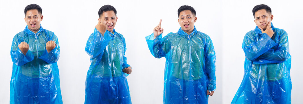 Set collection or collage of Asian man in rain coat or rain poncho showing different expressions isolated on transparent background