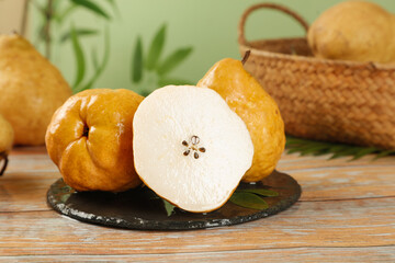 Fresh Chinese Yantai Pears on Slate Board with Wicker Basket - Organic Fruit Display