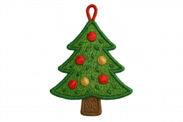 Embroidered christmas tree ornament patch with festive red and gold baubles, holiday decoration for winter season design