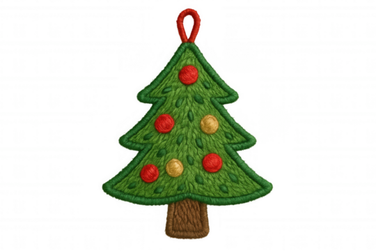 Embroidered christmas tree ornament patch with festive red and gold baubles, holiday decoration for winter season design