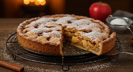 Naklejka premium a freshly baked apple pie on a cooling rack with a imperfect slice removed revealing the gooey,cinnamon-spiced filling.A light dusting of powdered sugar settles on the crust. he background is a warm