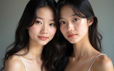 Beauty portrait of two beautiful young Asian girls. High quality