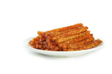 Spicy Chili Flavored Pretzel Sticks Handmade Snacks on White Plate