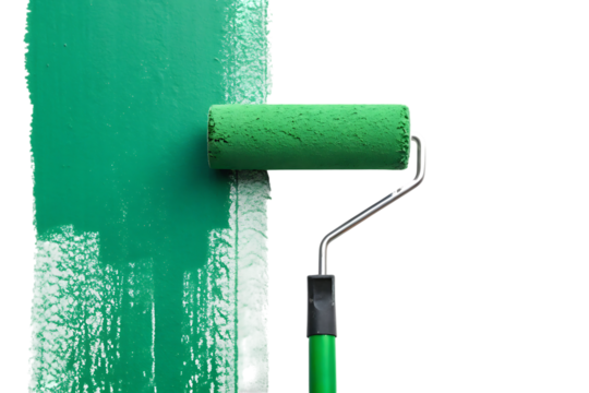 Paint roller in the process of applying smooth white coat