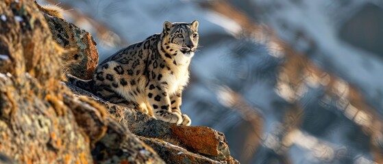 Fototapeta premium Snow leopard on rocky outcrop
