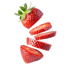 Fresh Strawberry Sliced into Pieces Floating in Air – Isolated Fruit on White Background