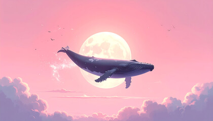 Obraz premium Whale flying across pastel pink sky with moon